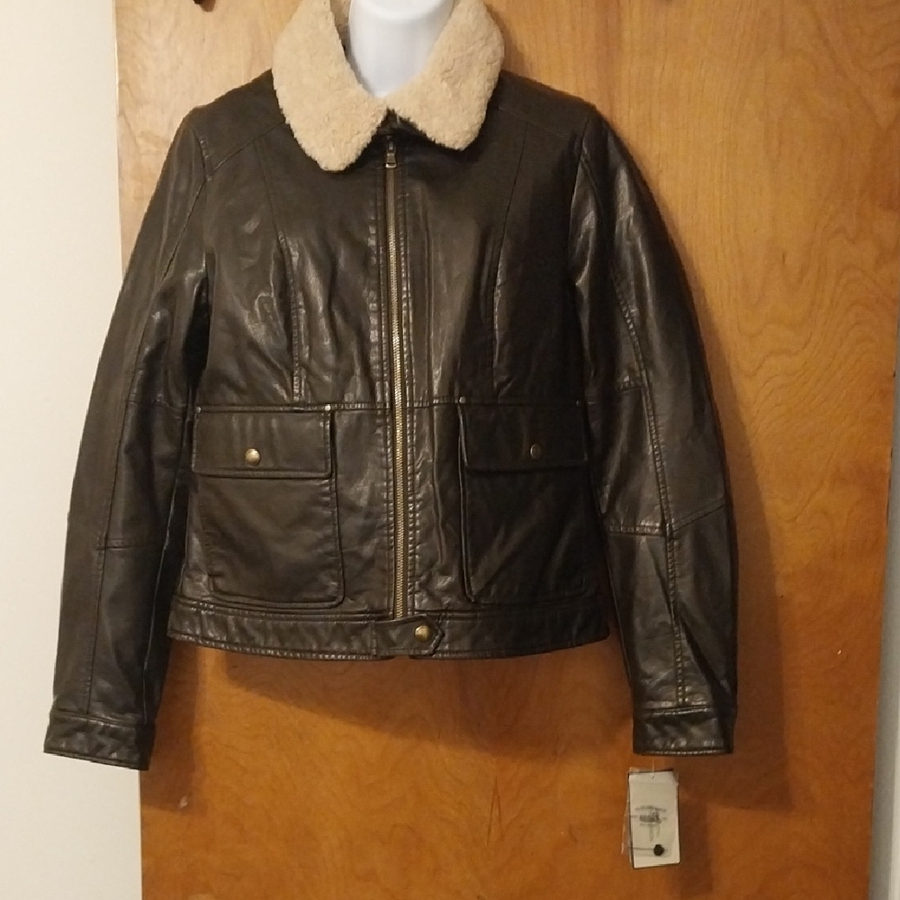 Bass Dark Brown Faux Leather Aviator Jacket with Sherpa Collar